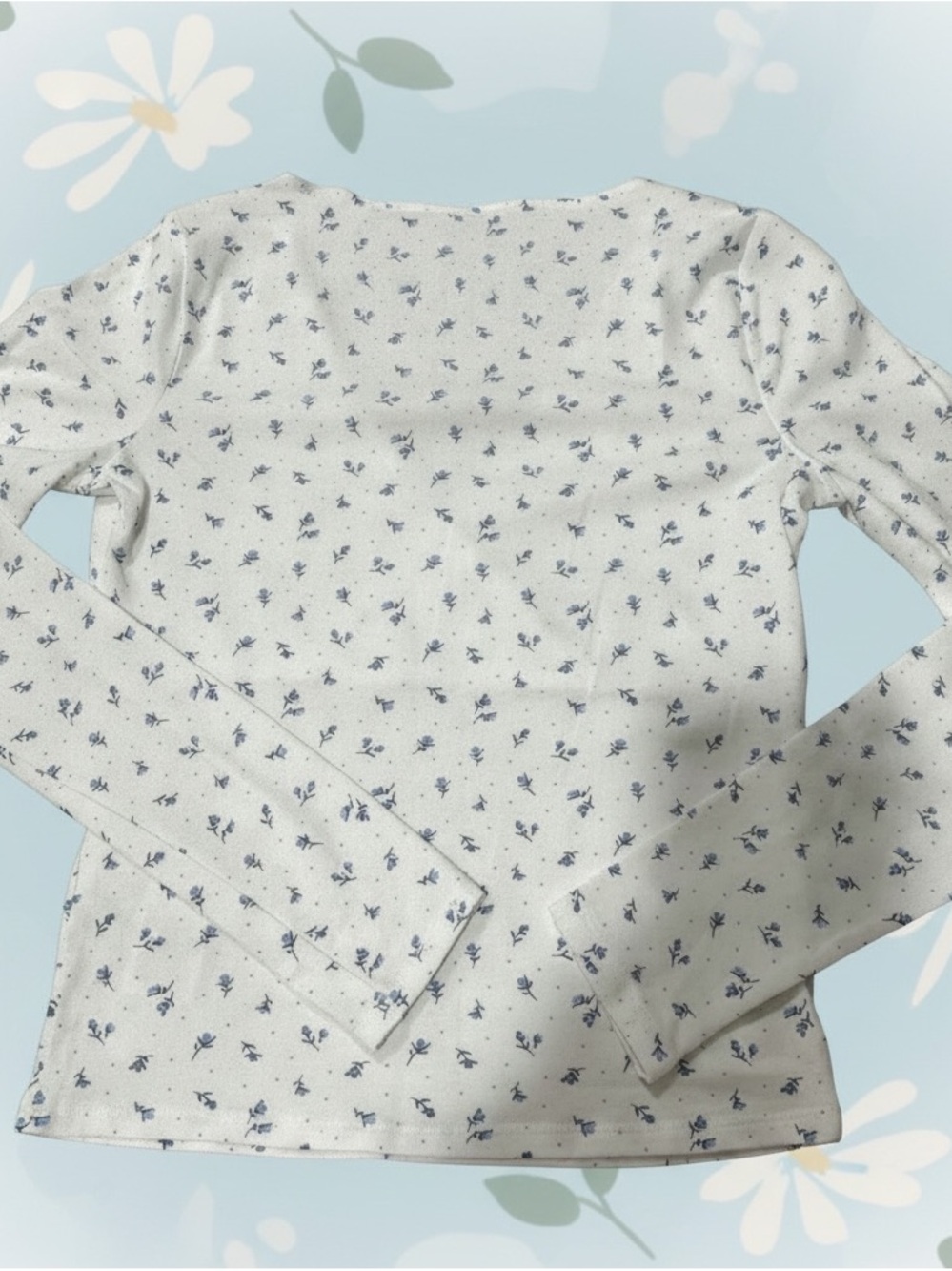 Hollister Cream Long Sleeve Tee with Small Blue Floral Print